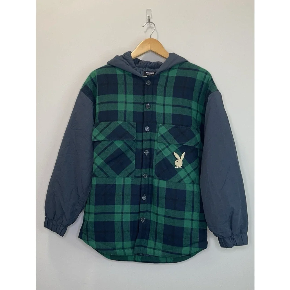 NWT Playboy x Pacsun Mens Plaid Jacket Hoodie Coat Logo Quilted Blue Green XS/S - Picture 1 of 10